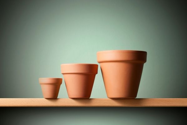 three terracotta pots lined up in order of size from smallest to largest