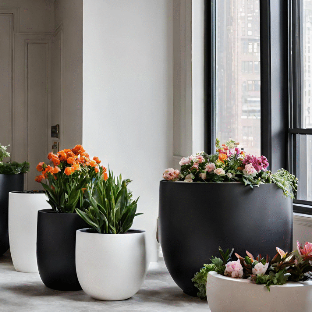 black and white planters with multicolored flowers