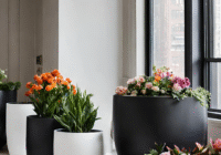 black and white planters with multicolored flowers