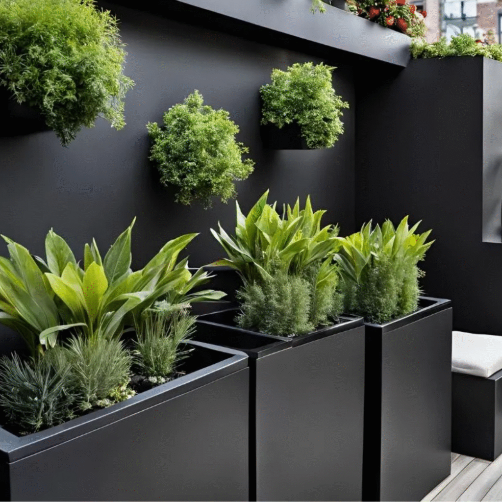 black planters against a black wall